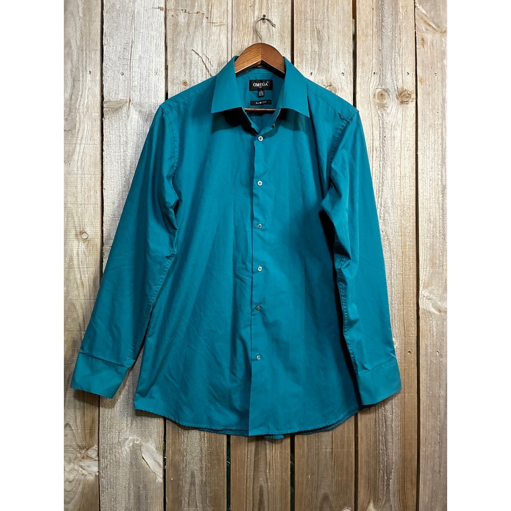 Omega Italy Mens Slim Fit‎ Dress Shirt Teal Blue Long Sleeve Button Down Large